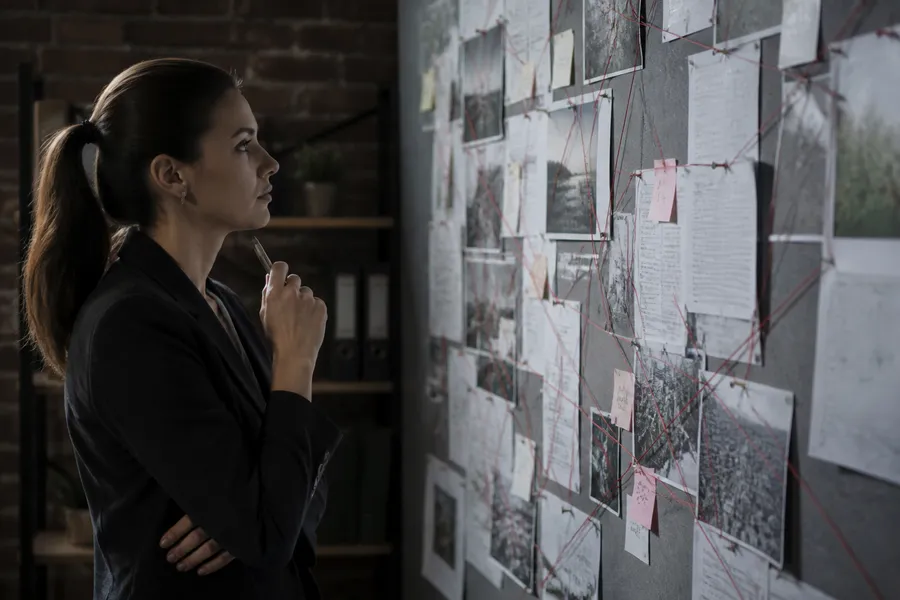 Detective style wall with documents, photos and red thread connecting sources